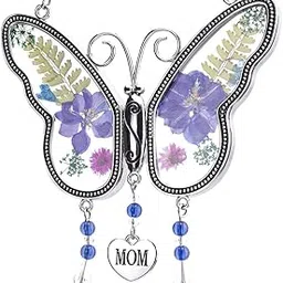 Laraine Butterfly Suncatcher with Pressed Colourful Flower Wings Mother's Day Butterfly Glass Wind Chime Ornament Charm with Metal Heart Gifts for Mom Grandma Birthday (Purple Mom)-picture-24