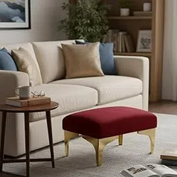 Elegant Ottoman Stool for Sitting | Velvet Padded Seat | Small Footrest for Living Room, Bedroom & Dressing Table | Gold Metal Legs | Compact Home Furniture-picture-43