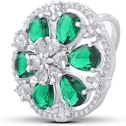 iksava Floral Cocktail Ring for Women | Emerald Green & CZ Diamond Studded Adjustable Finger Ring-picture-55