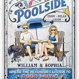 Welcome to Our PoolSide Pool Signs, Personalized Patio Swimming Pool Family Husband Wife Metal sign, Where The Neighbors Listen To Good Music, Pool Rules, Poolside Decor, Outdoor Pool Decor-picture-10