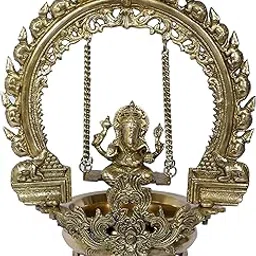 Two Moustaches Ethnic Design 18 Inches Swing Ganesha Brass Urli Showpiece, Brass Urli for Home Decor, Antique Finish, Standard, Pack of 1-image-0