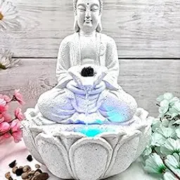 Expleasia, Exuberant & Luxury Decor Resin EXPLEASIA Mini Lotus Buddha Water Fountain for Table Decor |Living Room Decor| Gift Items | Home & Office Decor Item |Buddha Water Fountain| (White)-picture-38