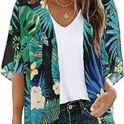 xptnia Women's Floral Cardigan Coverups Bohemian Kimono Loose Cover Up Tops Beach Swimsuit Puff Sleeve Blouse Female Chiffon Summer-picture-54