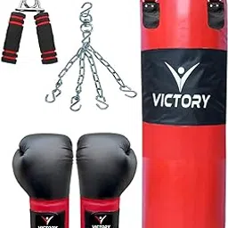 VICTORY Unfilled Synthetic Leather Punching Bag with Boxing Glove | Hand Grip | Solid Hanging Chain | MMA | Kickboxing | Muay Thai | Karate | Judo | Taekwondo | (3 Feet) Punch Boxing Kit Red image 1