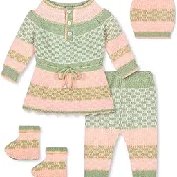 only 4 baby New Born Baby Girls Woolen Round Neck Frock Sweater Set with Pyjami, Cap and Pair of Booties for Toddlers-picture-29