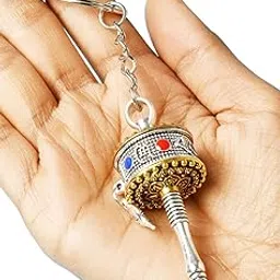 Tibetan Prayer Wheel Keychain Metal Pendant, Blue and Red Gemstones SR. 5-picture-38
