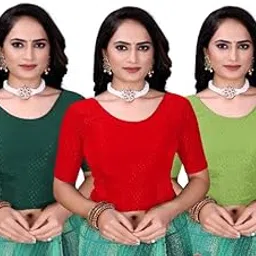 k h fashionist Women's Stretchable Readymade Saree Blouse Combo–Lycra, Short Sleeves, Scoop Neck Pack of 3-picture-18