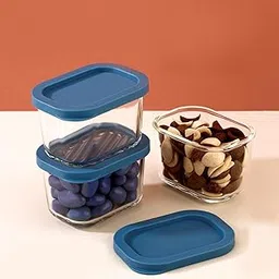 ATTRO Glassox Storeit Borosilicate Glass Storage Containers – 310ml, Set of 3, Transparent & Stackable with PE Lids, Microwave, Fridge & Dishwasher Safe, Ideal for Kitchen & Leftovers- Blue-picture-28