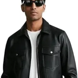 Classic Faux Leather Jacket, Black, Front Zip Closure, Chest Pockets-picture-38