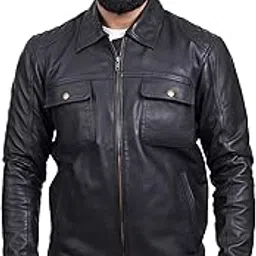 finehide Black Leather Jacket For Men, Stylish Biker Jacket for Man with Zip Closure and Side Pockets, Stylish Winter Wear Casual Outerwear for Men (FHJKT030) image 1