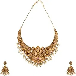 Fashion Jewellery Ruby Gold Polished Antique Necklace Set With Adjustable Chain & Push Back Hanging Earrings | Best For Gifting & Special Occasion | Jewellery Set For Women - 435928-image-36