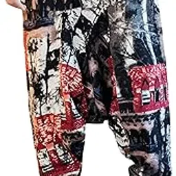 MILLION STORE Harem Pant for Men Artistic Print Drop Crotch Trousers, Loose Fit Joggers with Building Pattern, Black and Red-picture-18