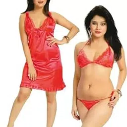 Women's Satin Lace Trim Robe, Sleeveless Robe, 3-Piece Bra Panty Set for Special Night, Babydoll Lingerie Combo Set, Honeymoon nightwears for Women, Free Size Sexy Red Dress for Women.-image-52