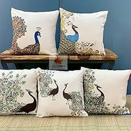 Maple Craft Peacock Design Printed Canvas Cotton Cushion Cover 16 X 16 Inches, Set of 5 Pcs-picture-23