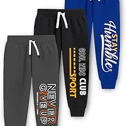 Trampoline Cotton Trackpants for Kids Pack of 3 with Drawstrings & Ribbed Cuffs | Boys & Girls Joggers with Prints | Side Pockets Soft Waistband | Breathable & Stretchable Playwear image 1