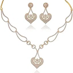 ratnavali jewels Gold Plated White American Diamond Heart Drop Designer Jewellery Necklace set for Women-picture-36
