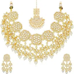 sukkhi Sensational Gold Plated Kundan & Pearl Choker Necklace Set Worn By Karisma Kapoor (CBMIX100646)-picture-50