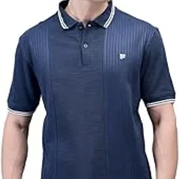 Men’s Dark Blue Striped Polo T-Shirt – Regular Fit, Breathable Cotton-Polyester Blend, Moisture-Wicking, Smart Casual & Semi-Formal Wear-image-1