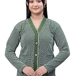 woolvella Women Dotted Print Sweater Cardigan Winter Wear V Neck Full Sleeves Stylish Women Cardigan Sweater (Green)-picture-16