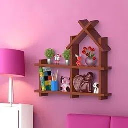 hut Shape Wall Shelf, Wooden Wall Mounted Shelf, Living Room Wall Showcase, Decorative Wall Slab, Wooden Display Unit, House Shape Bookshelf-image-43
