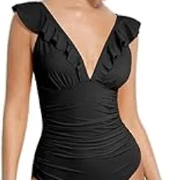 the edit Shop Women's Ruffled One Piece Swimsuit – V Neck Lace-Up Tummy Control Swimwear, Flattering Ruched Monokini for Beach, Pool & Resort Wear-picture-12