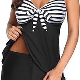 yonique Women 2 Piece Flowy Tankini Swimsuits with Boyshorts V Neck Swim Tank Tops Bathing Suits Modest Swimwear, Black White, X-Large-picture-24