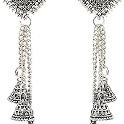elleva Silver Jhumka Earrings for Women Traditional Stylish Drop Jhumka Earring set | Oxidised Jhumkas with Chain South Indian Jewellery Set for Wedding Party (Pack of1)-picture-47