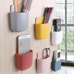 Yogilabel Plastic Wall Hanging Mobile Phone Holder Stand for Home & Office Use Charging | Stationary Storage | Bathroom Accessories | Remote Holder | Makeup Brush Holder Set of 4 Pcs-picture-52