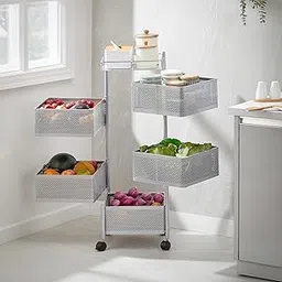 Amazon Brand - Solimo 360° Revolving 5 Layer Multipurpose Kitchen Trolley Rack with Wheels | Mild Steel Square Fruit, Vegetable & Spice Storage Organizer |Preassembled | Matte Silver Finish | 33 x 33 x 95.3 cm-picture-11