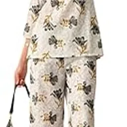 fazoka Women's Cotton Floral Printed V-Neck Night Suit Set of Top & Pyjama Night wear Dress (Grey)-picture-18