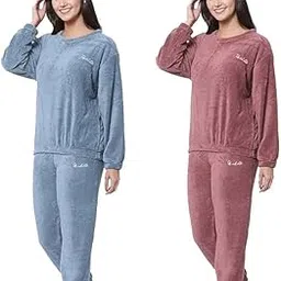 cigain Women Winter Nightsuit Ladies Fur Nightwear Warm Night Suit for Girls Night Pyjama Set Women's Top Pajama Pants Regular Fit (L, Blue_Maroon)-picture-23