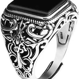 peora Silver Plated Black Stone Studded Adjustable Finger Ring Stylish Fashion Jewellery Gift for Men Boys-picture-45