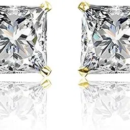 highspark 925 Silver Solitaire Square Stud Earrings in Gold Finish| 92.5 Sterling Silver & Square Brilliant Cubic Zirconia Tops for Men Women Boys & Girls image 1