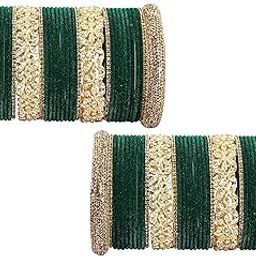 lavazza Golden Zircon Gemstone Studded Metal Velvet Bangles Bridal Chuda Set For Women & Girls | Golden Chuda Bangles | Traditional Bangles Set For Wedding, Party, Festive Occasion Wear-Set of 68-picture-34