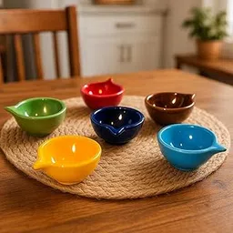 Ceramic Decorative Diwali Diya Set, Handmade Traditional Oil Lamps, Multicolor, Pack of 6, Reusable Festival Pooja Deepak for Home Decoration, Navratri, Wedding, Diwali (Round -Multicolor DIYE)-image-27