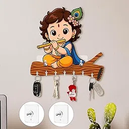 Rousrie Baby Krishna Wooden Key Holder, Brown, No-Drill Wall Mount, Modern Style, 8 Hooks for Home Office Storage-picture-25