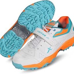vector x CKT- 200 Men’s PU Upper/TPU Sole/Rubber Cricket Shoes Water-Resistant Footwear for Outdoor and Field Sports Shoe with Midfoot Support Strap (White-Blue-Orange, Size-4)-picture-1