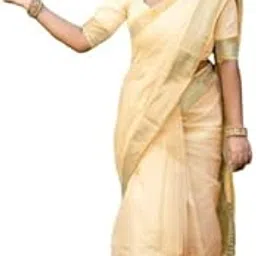 Kasavu Cotton Blend Saree, White with Gold Border, With Blouse Piece-picture-36