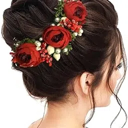 Hair Flare 2170 Artificial Rose Flowers Hair Vein, Women Hair Accessories, Hair Pins For Girls- Dark Red-picture-13