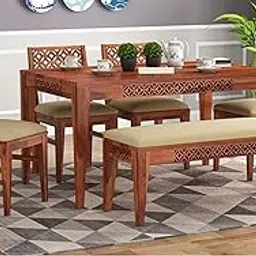 Swangia Art Solid Sheesham Wood Dining Table Set 6 Seater | Wooden Dining Table with 4 Cushioned Chairs & 1 Bench | Spacious 6 Seater Dining Set for Living Room, Home, Hotel & Restaurant| Honey Finish-picture-16