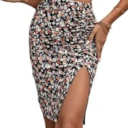 jinjin fashion Women's Floral Print Bodycon Skirt, Side Slit, High Waist, Black Multi-Colour-picture-27