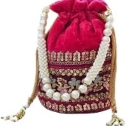 sunvika house Ethnic Potli Handbag with Beaded Handle, Floral Embroidery, Traditional Drawstring Purse, Velvet Wristlet-picture-12