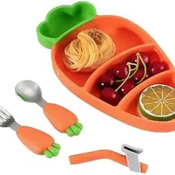 Xenon Venture Silicone Feeding Plate for Toddler Baby, Carrot Shaped Dining Suction Plate with Straw Spoon Fork & Cleaning Brush for Children (1 pcs) (Model 2) image 1