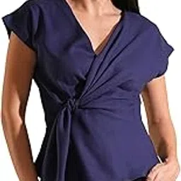 globus Women Wrap V-Neck Extended Sleeves Solid Twisted Detail Workwear Top-picture-32