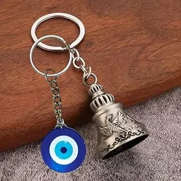 Traditional Evil Eye and Tibetan Bell Keychain, Antique Silver Finish Keyrings-picture-47