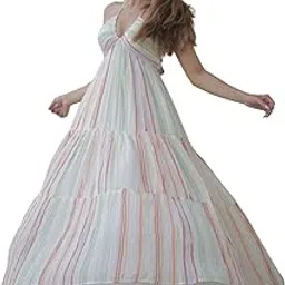 Inwomen Women's Printed Gency Halter Neck Sleeveless Multicolour Striped Flare Long Dress-picture-22