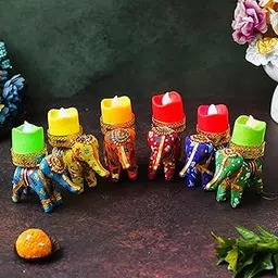 Dreamica Set of 6 Elephant Tealight Candle Holders with LED Multicolor Tealight Candles – Traditional Decorative Tea Light Holder Set for Diwali, Puja, Festive Home Decoration & Gifting-picture-34