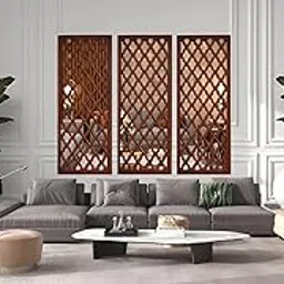 ARYAN WOOD- Wooden Decorative Mirror Wall Panel, Set of 3 Wall Decor, Beautiful Square Shape Hand Carved Wall Hanging Panel Wall Art Decor Inch Brown 24Hx12L Inch-image-23