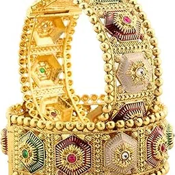 lavazza Gold Metal Bangles Rajwadi Style Kada Set For Women & Girls Red & Green Zircon Diamonds | Royal Traditional Bangles Kangan | Screw Lock Type Bangles Bracelet Latest- Set of 2 Bangles-picture-10