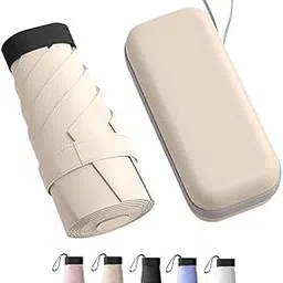 tekcool Travel Mini Folding Compact Umbrella with Case, Manual Open 6 Ribs Lightweight Portable, Small Sun & Rain Pocket Umbrella for Girls and Women- Use in Rain & Summer(Beige) image 1